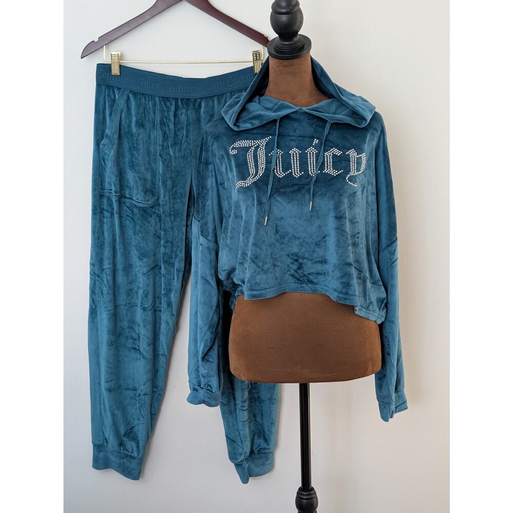 Juicy Couture Teal Velour Rhinestone Lounge Set Cropped Hoodie Joggers M - Picture 2 of 11